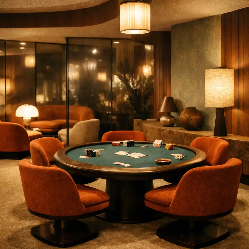 Interior of the Velvet Courthouse card lounge with sculptural furniture, smoked-glass partitions, and a poker table