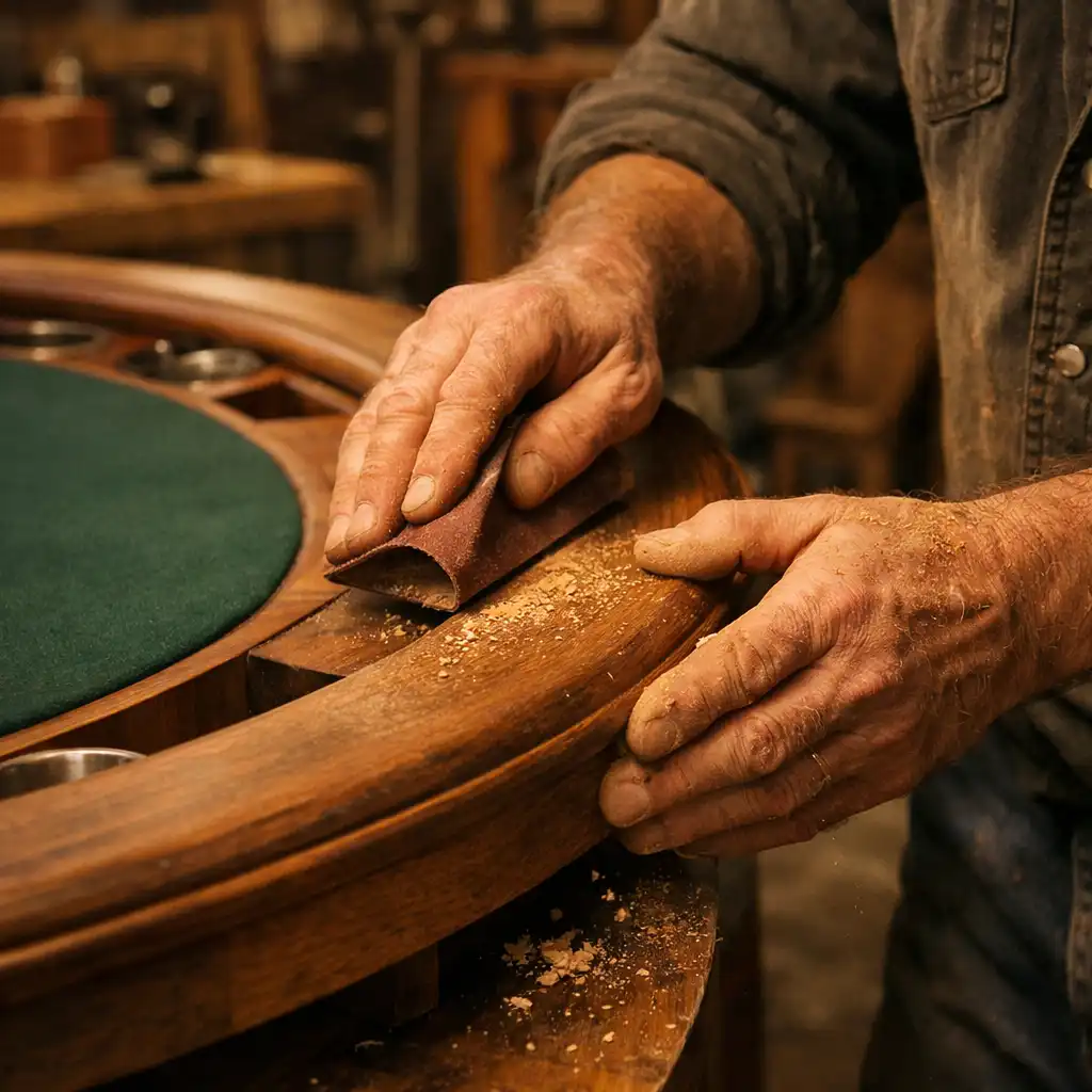 Craftsman's hands sanding the curved timber edge of a poker table