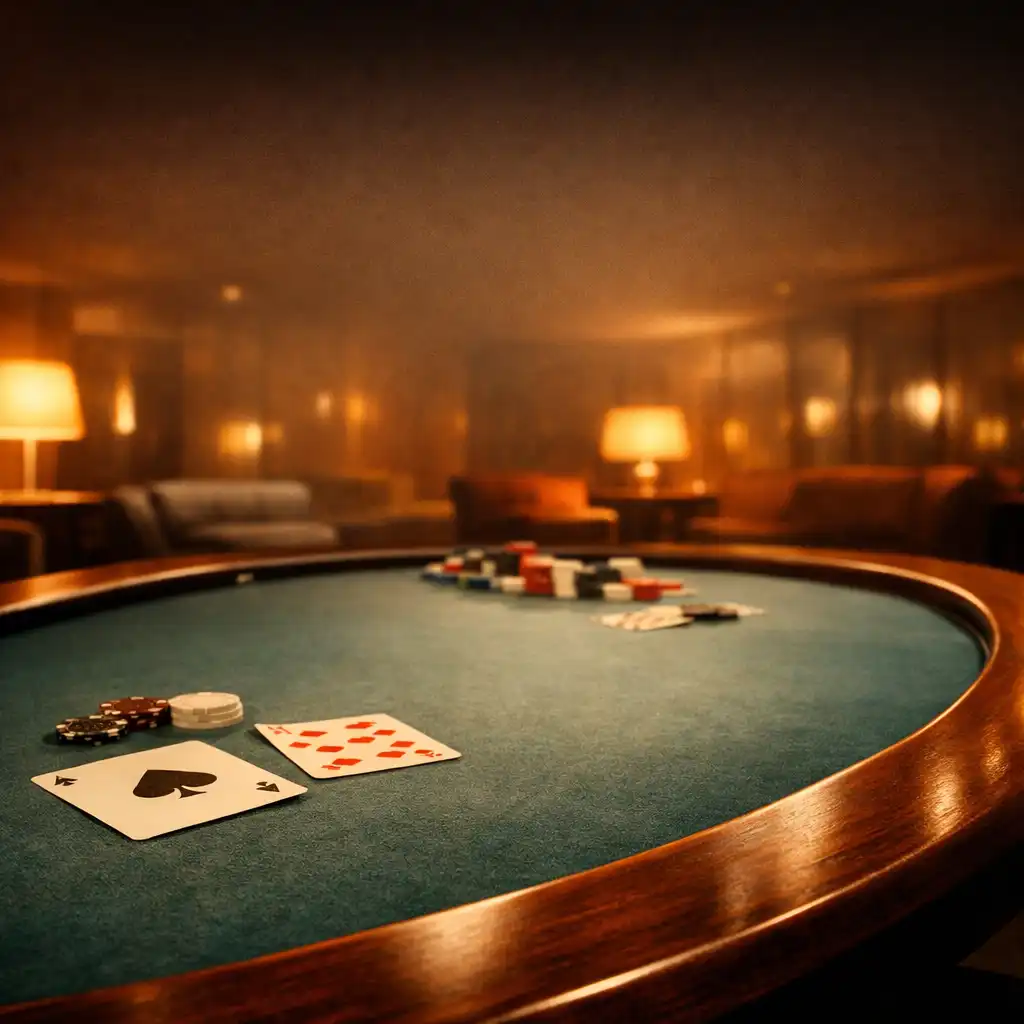 Curved poker table with dusty teal felt and dark timber edge in a warmly lit lounge