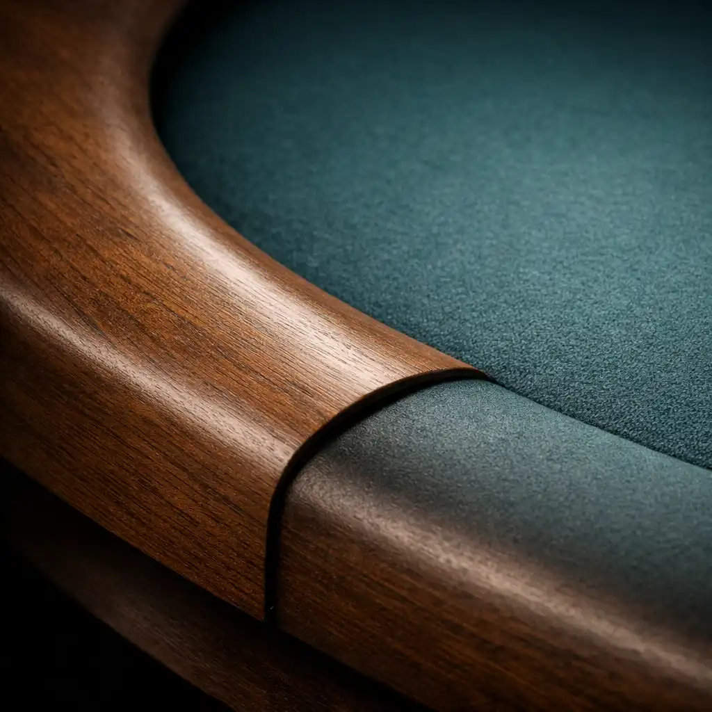 Close-up of the curved timber edge of a poker table transitioning to dusty teal felt