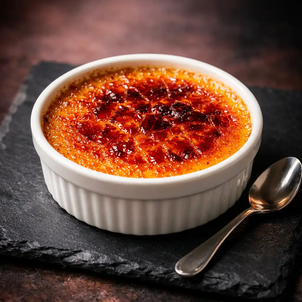 Burnt orange crème brûlée in a shallow ramekin with a caramelized sugar top.
