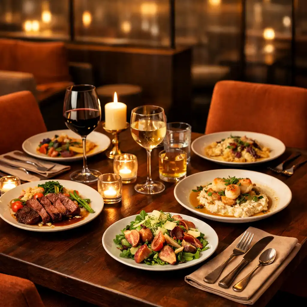 Dining table with food and warm lighting