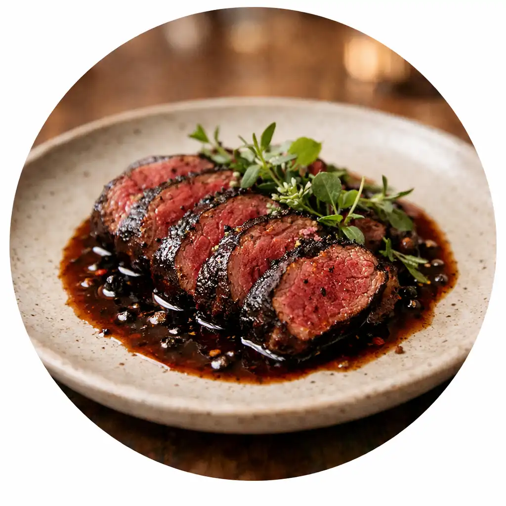 Circular plate of charred kangaroo loin with native pepper jus