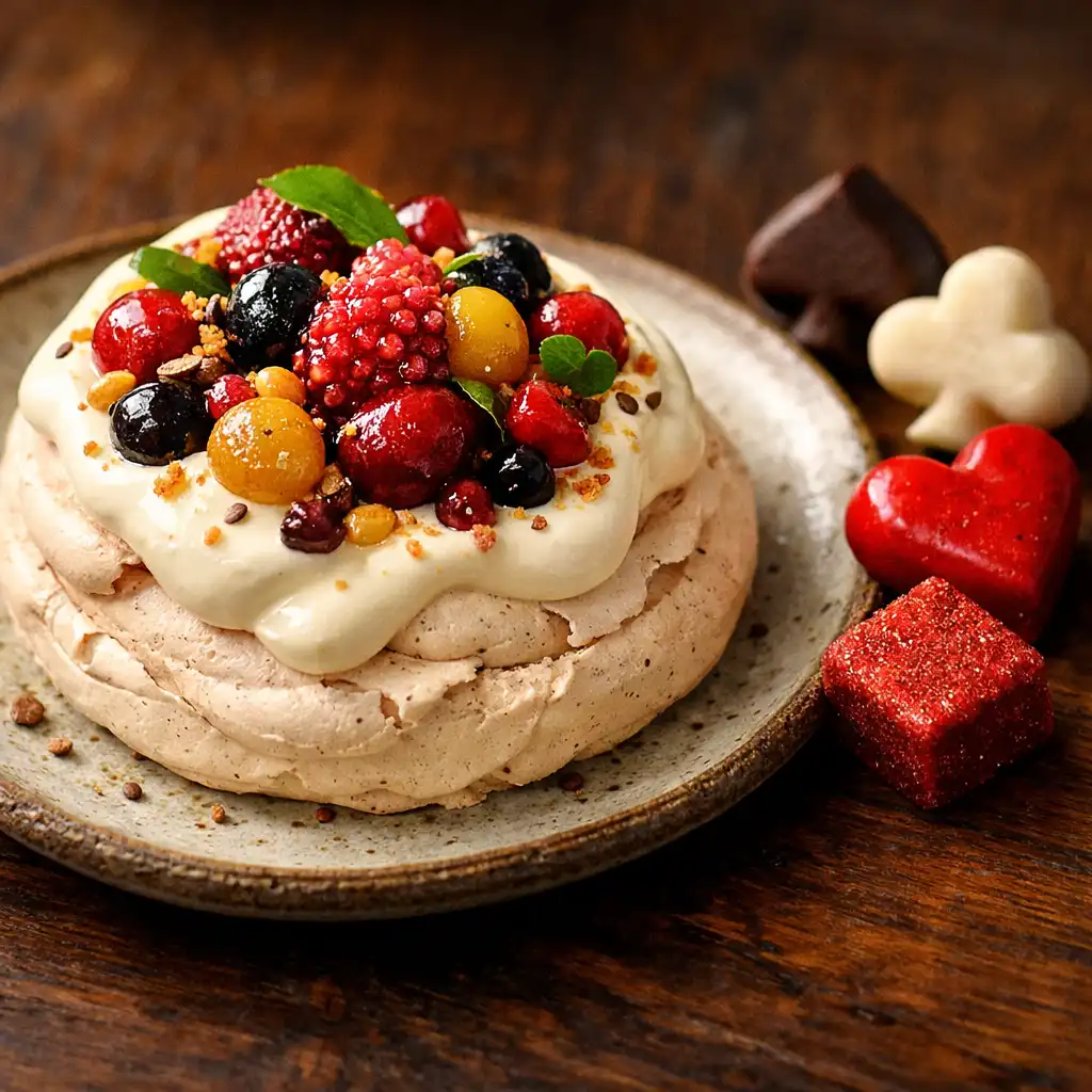 Wattle seed pavlova with cream and native fruits beside playing card suit petit fours