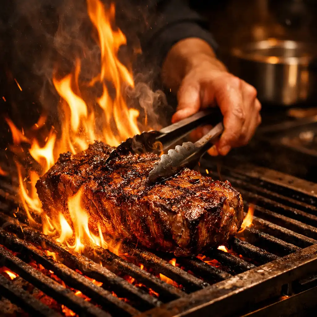 Chef grilling a premium cut of meat over open flames