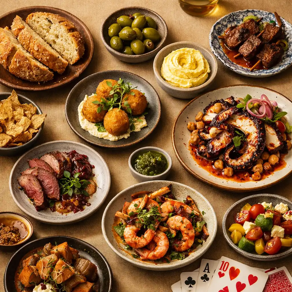 Table spread of small plates including saltbush damper and charred octopus with a deck of cards