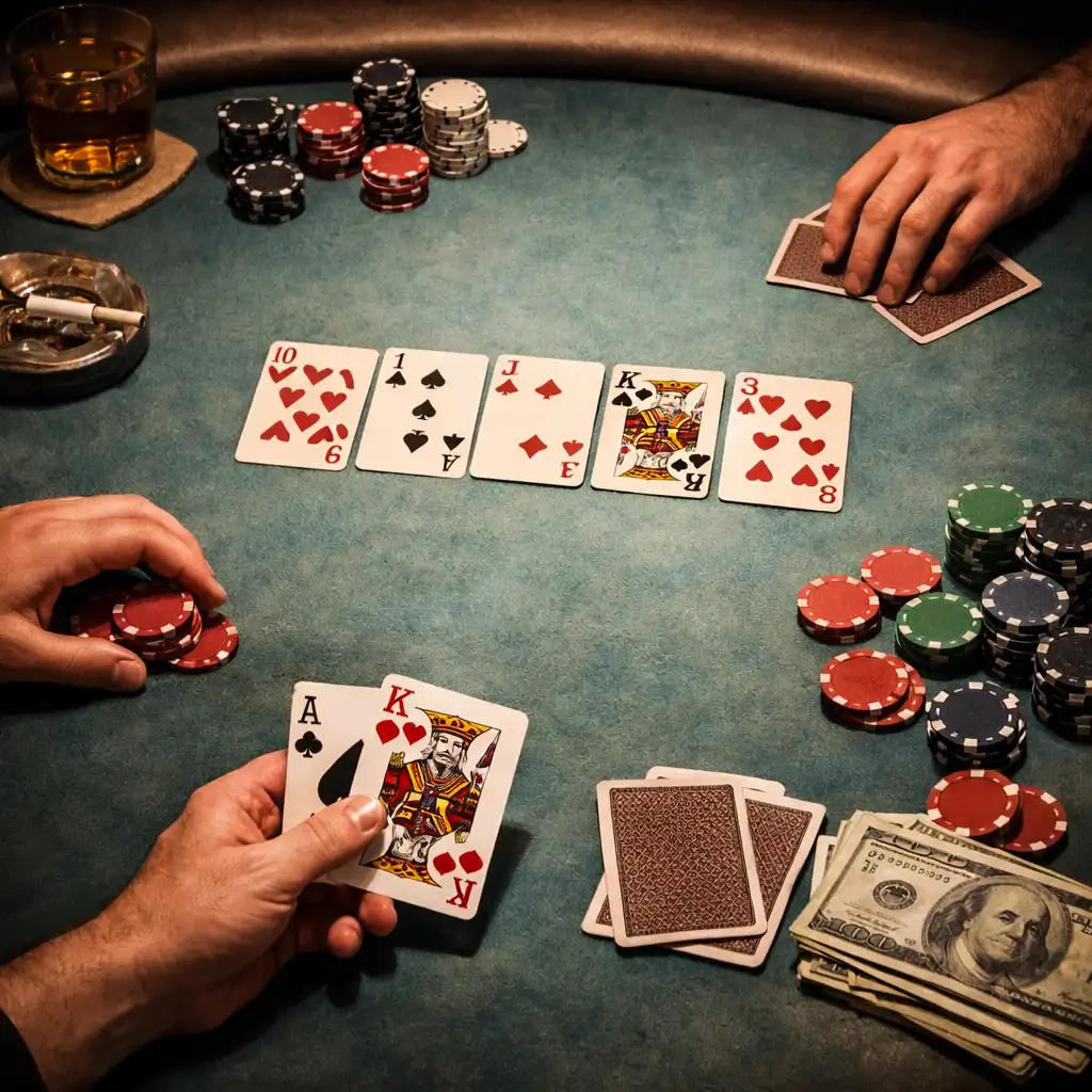 Top-down view of a poker table with cards and chips under dramatic lighting