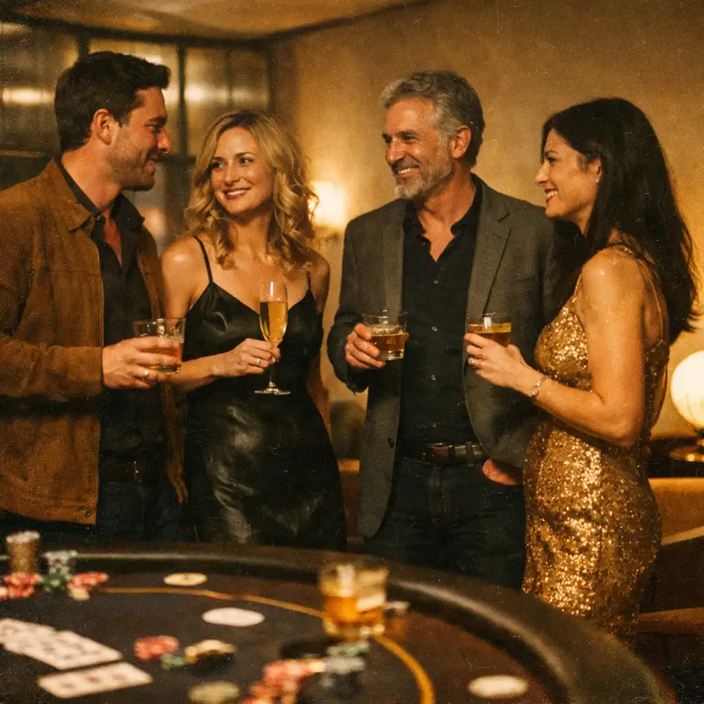 Guests chatting near a poker table during an event at Velvet Courthouse