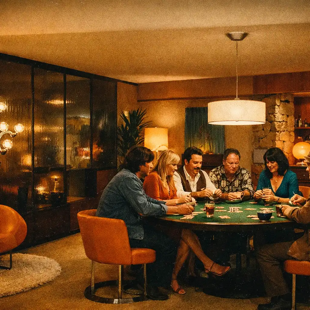 Evening poker gathering in the Velvet Courthouse card lounge with warm lighting and smoked-glass panels