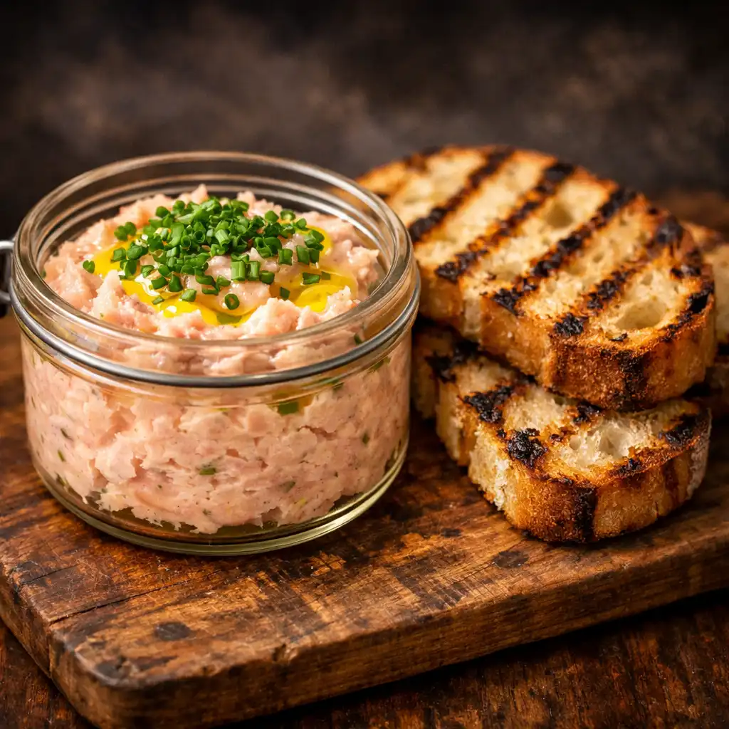 Smoked trout rillettes in a small glass jar with grilled sourdough on the side.