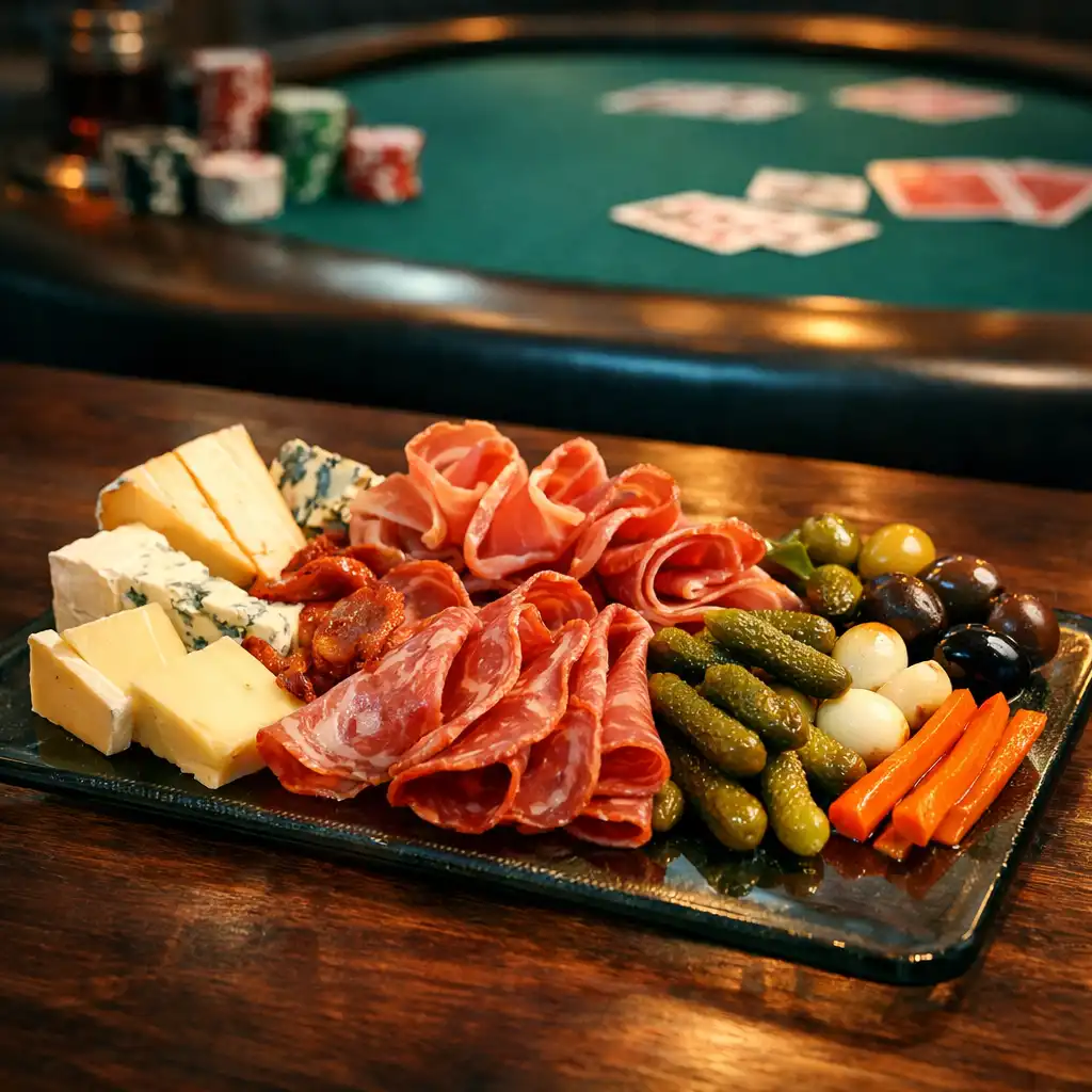 A curated platter of cheeses, cured meats, and house-made pickles on a smoked-glass board.
