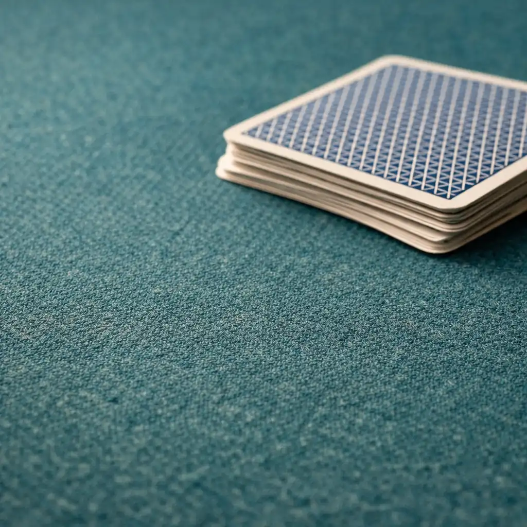 Macro view of dusty teal felt with playing cards resting on the surface