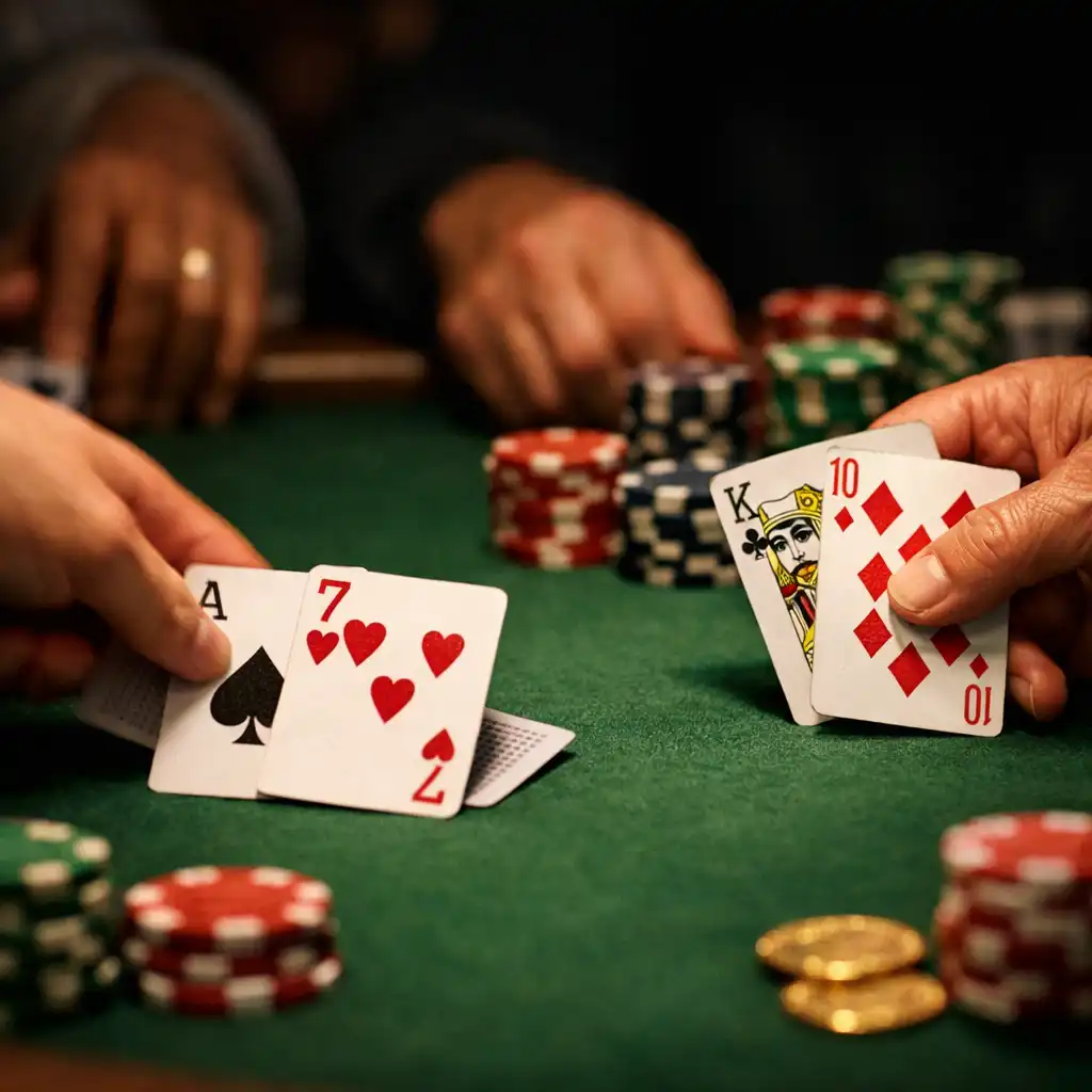 Close-up of hands dealing cards on a poker table