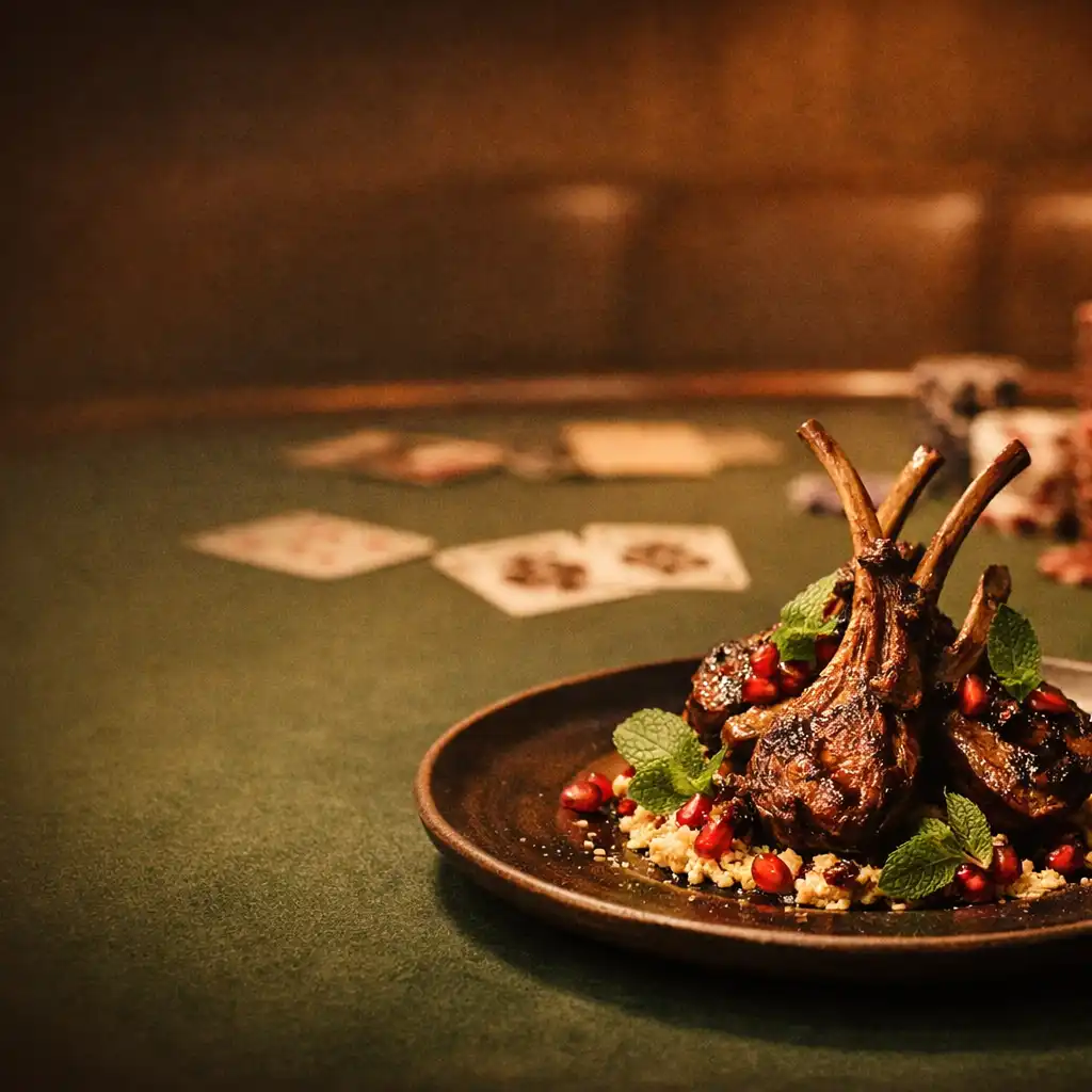 A beautifully plated dish on a poker table, with warm moody lighting and a smoked-glass gradient at the edges.