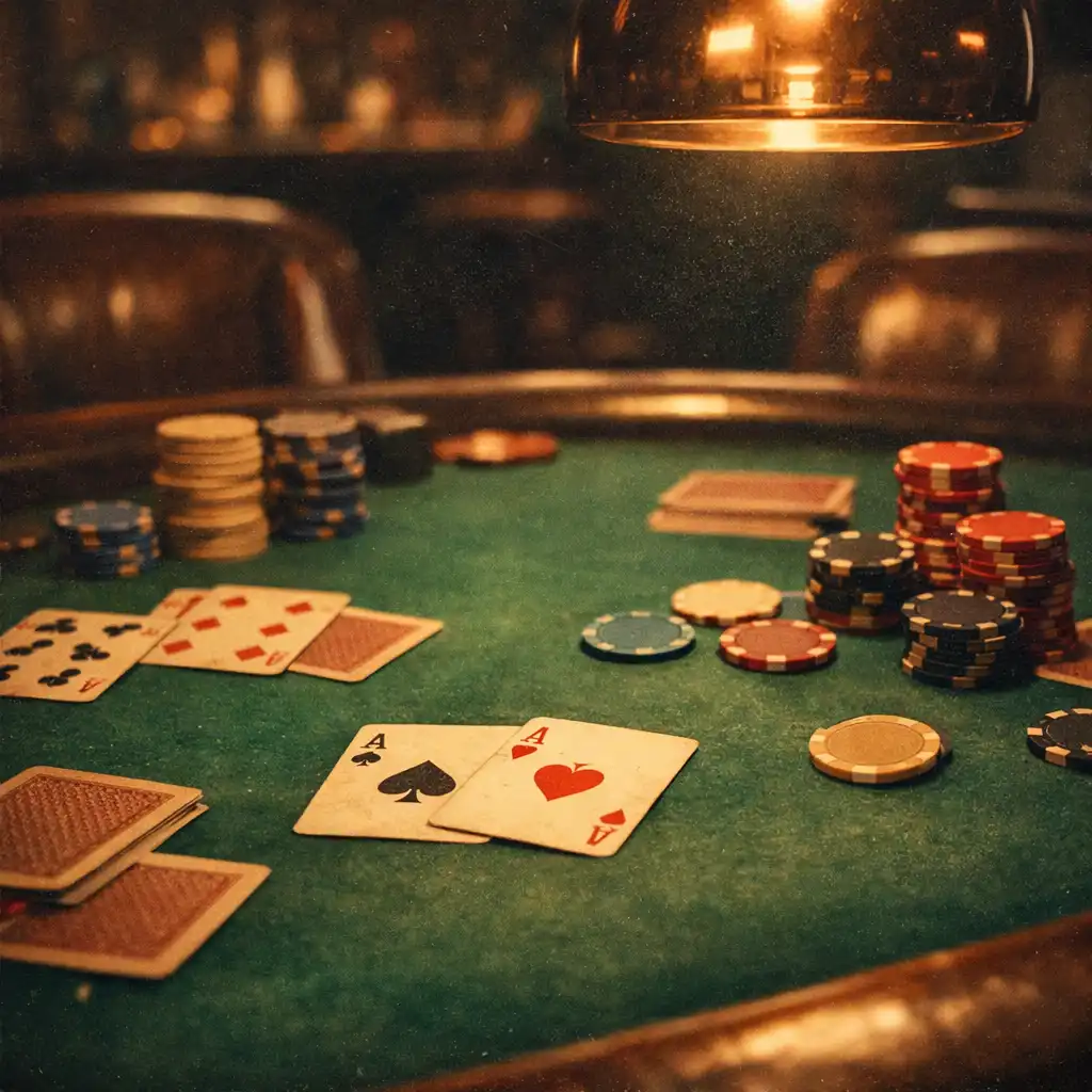 Poker table with cards and chips in a dimly lit lounge