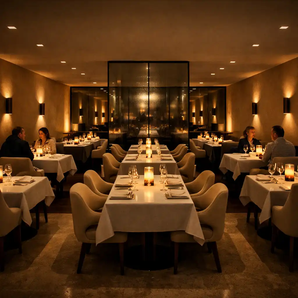 Wide view of the main dining room with sculptural chairs and smoked-glass dividers