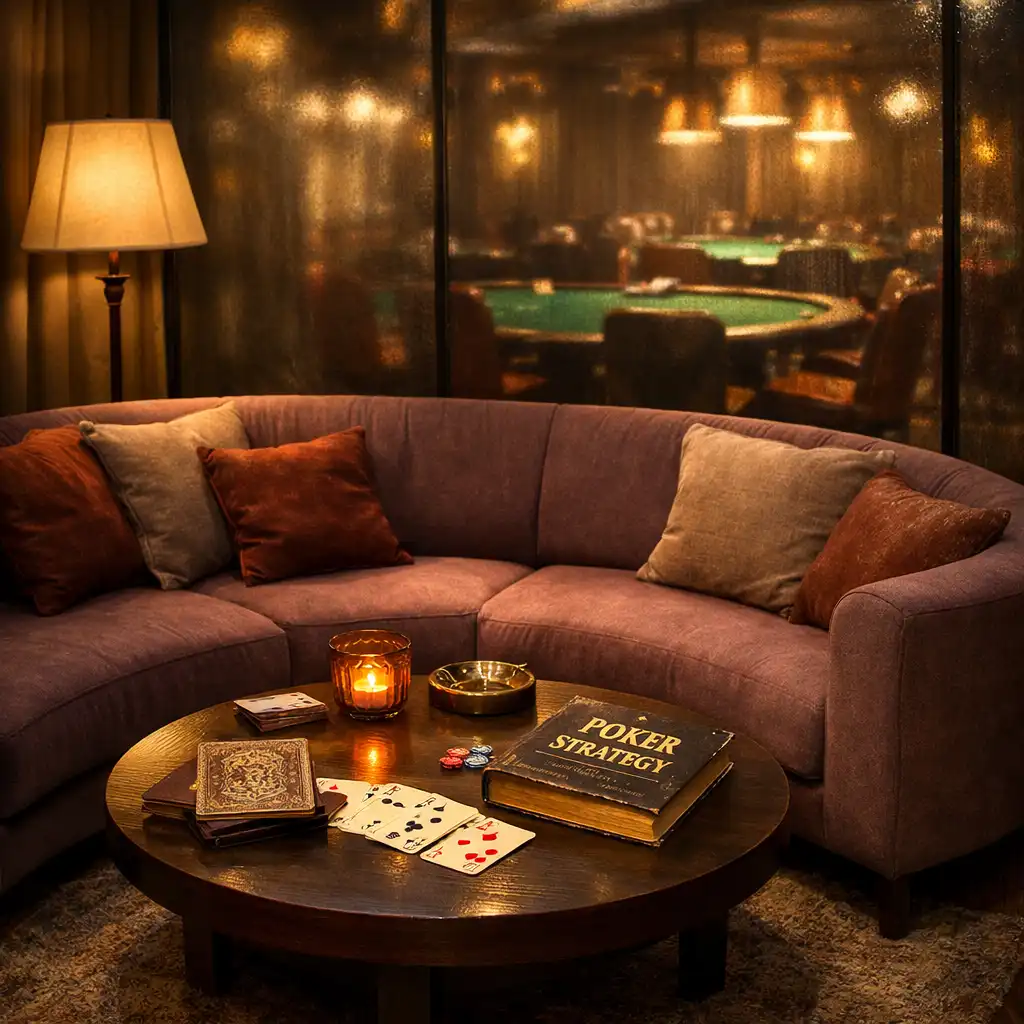 Cozy lounge corner with circular sofa in muted mauve and a view of poker tables