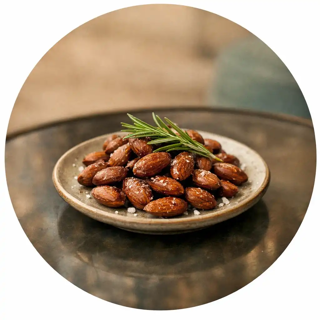 A circular crop of a small plate of smoked almonds with rosemary and sea salt, placed on a smoked-glass table.
