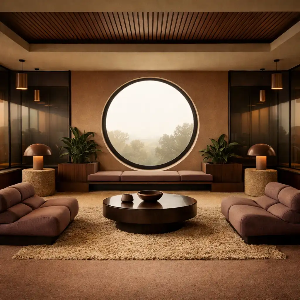 Circular lounge interior with smoked-glass partitions and sculptural furniture