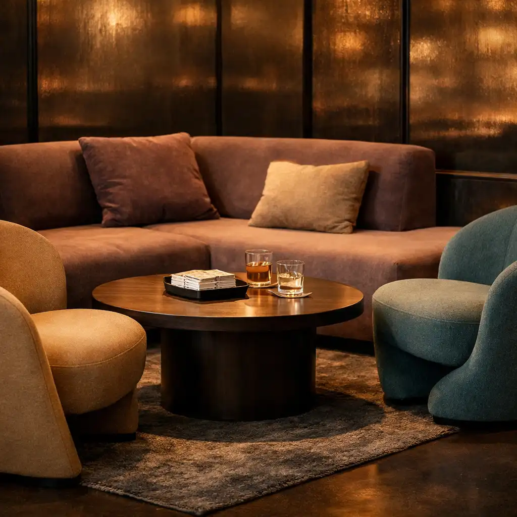 Sculptural lounge chairs and a low sofa in warm sand and muted mauve arranged around a low table