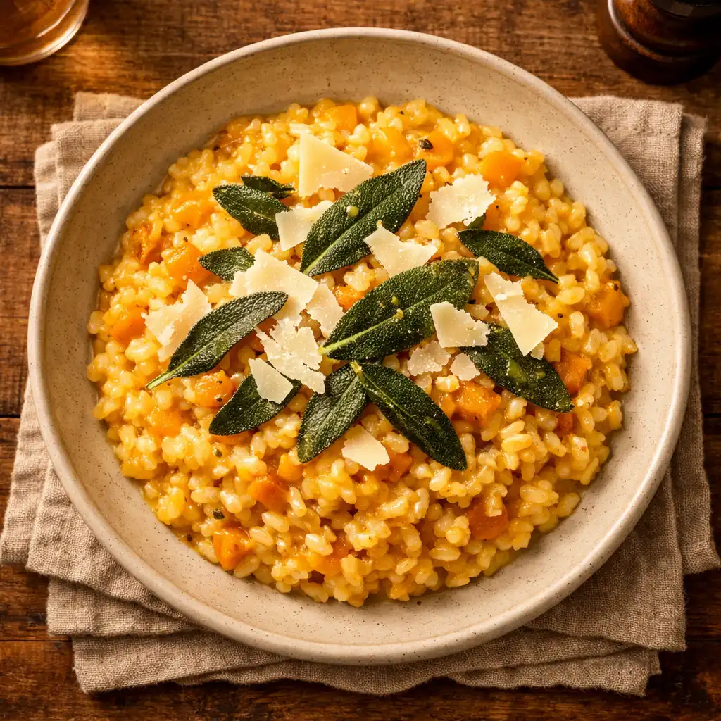 Roasted pumpkin risotto with sage and parmesan in a wide shallow bowl.