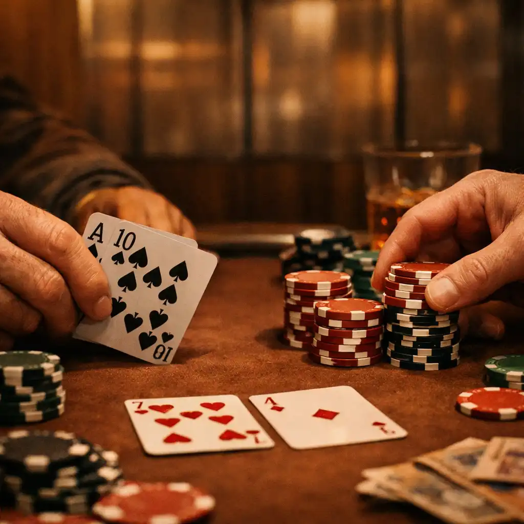 Hands playing poker at a table with cards and chips in a warm, dimly lit lounge