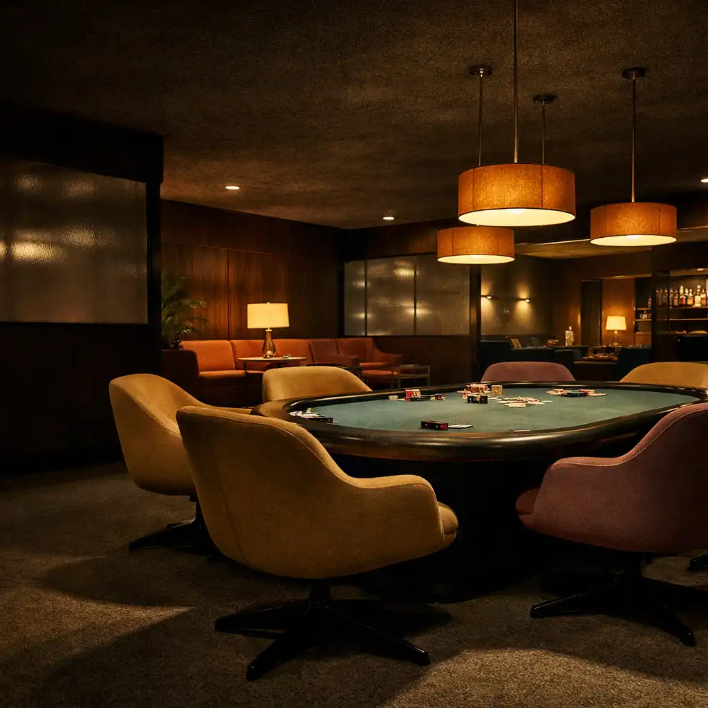 Wide interior view of the Velvet Courthouse poker lounge with smoked-glass partitions and a central poker table