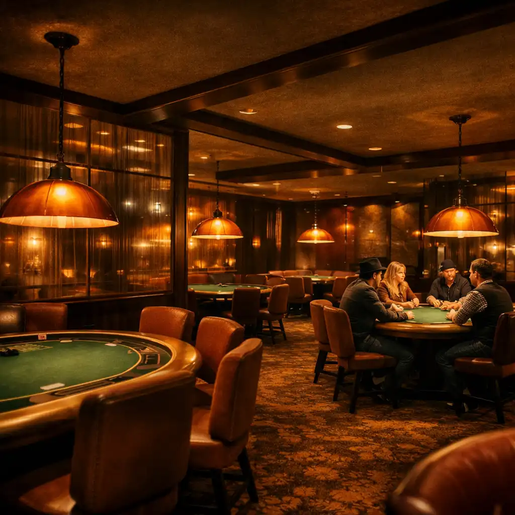 Wide view of the poker room with several curved poker tables under warm pendant lights