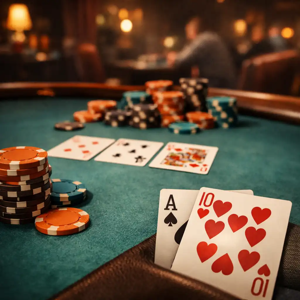 Close-up of a poker table with cards and chips