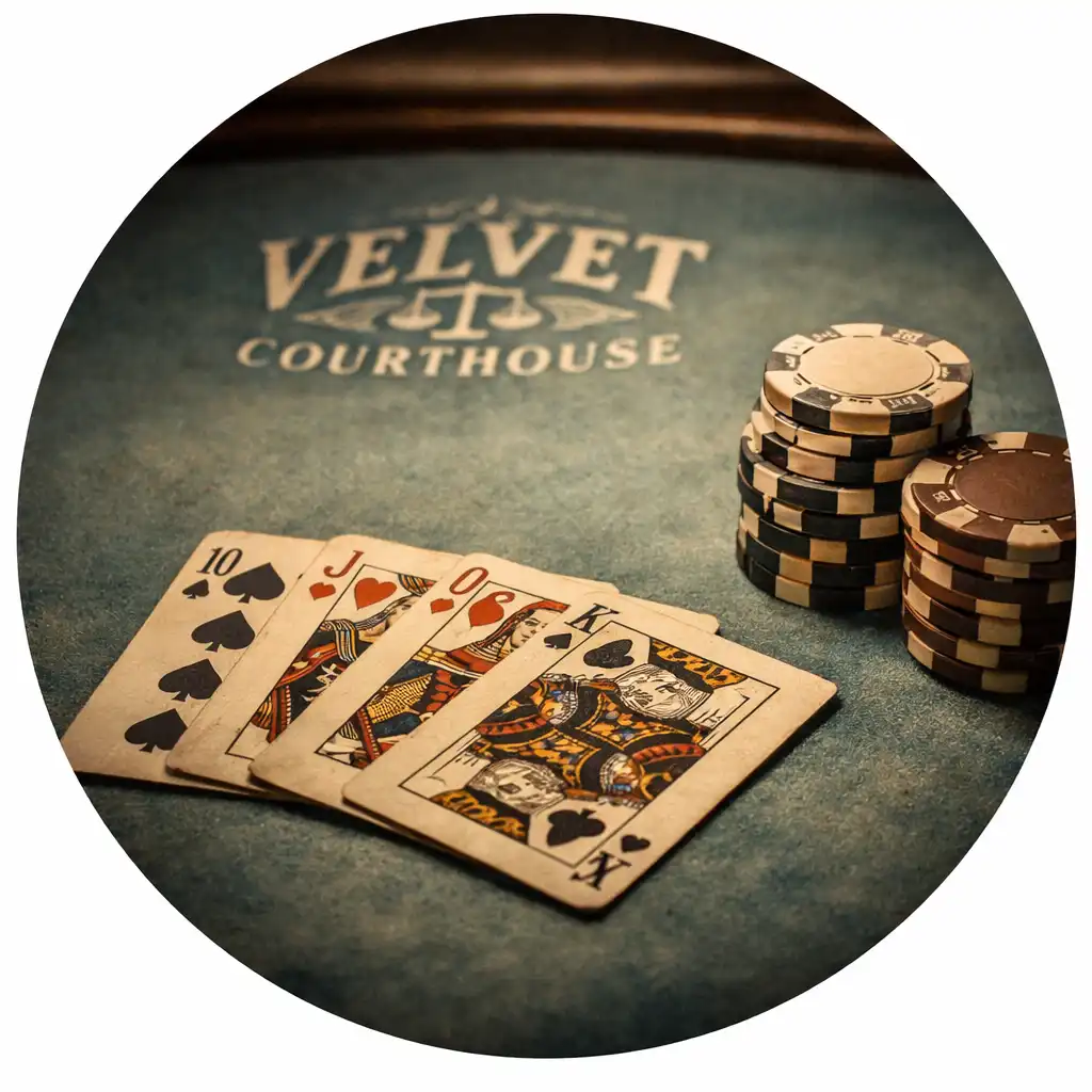 Circular close-up of a hand placing a card on the dusty teal felt of a poker table