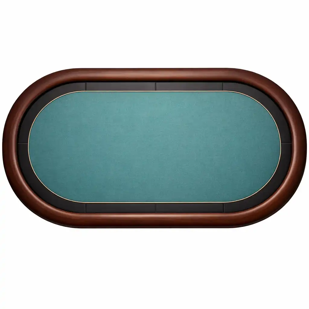 Full overhead view of a curved poker table with dusty teal felt and espresso timber edge