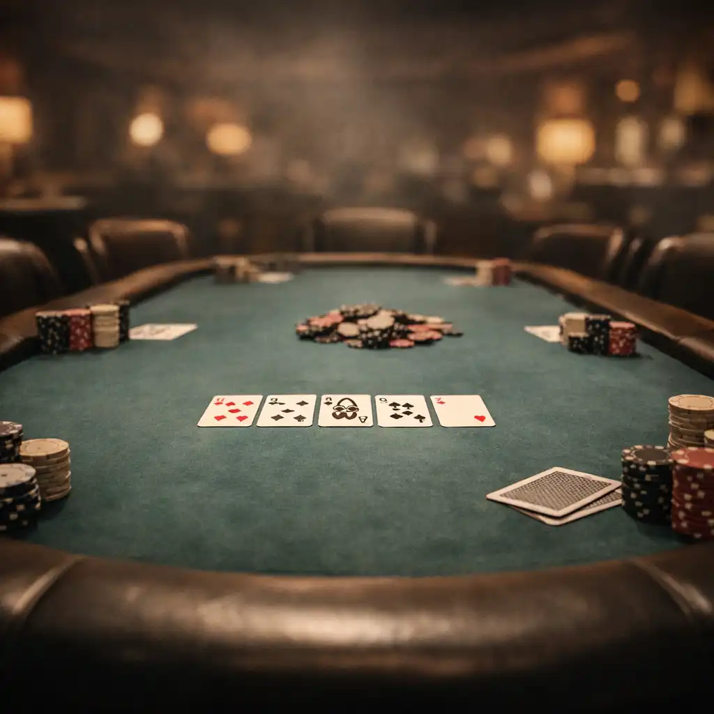 Panoramic low-angle view of a custom poker table with cards and chips in the lounge