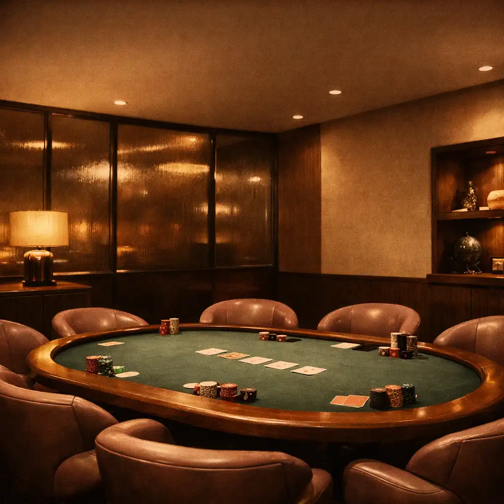 Atmospheric private poker room at Velvet Courthouse with a dusty teal poker table and smoked-glass partitions