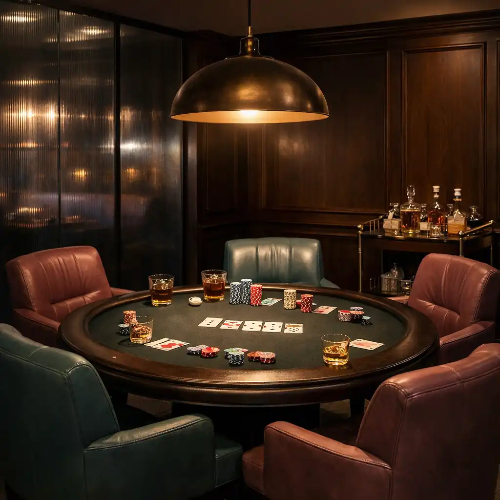 Private poker room with round table and smoked-glass partition