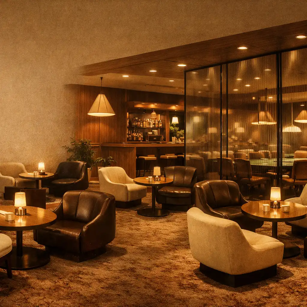 Warm interior of the Velvet Courthouse restaurant with smoked-glass partitions and subtle poker tables in the background