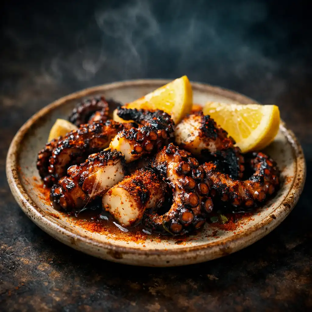 Charred octopus with lemon and paprika on a rustic ceramic plate.