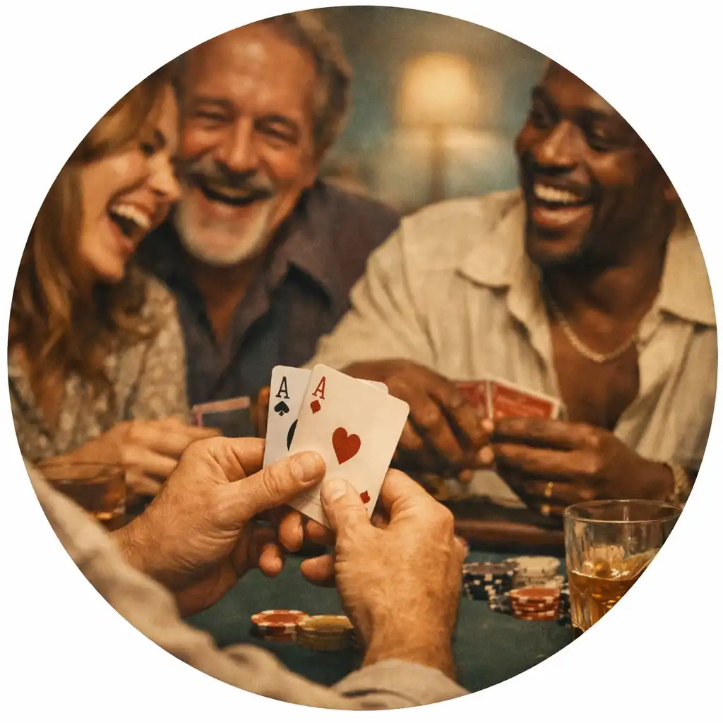 People laughing around a poker table in the Velvet Courthouse lounge