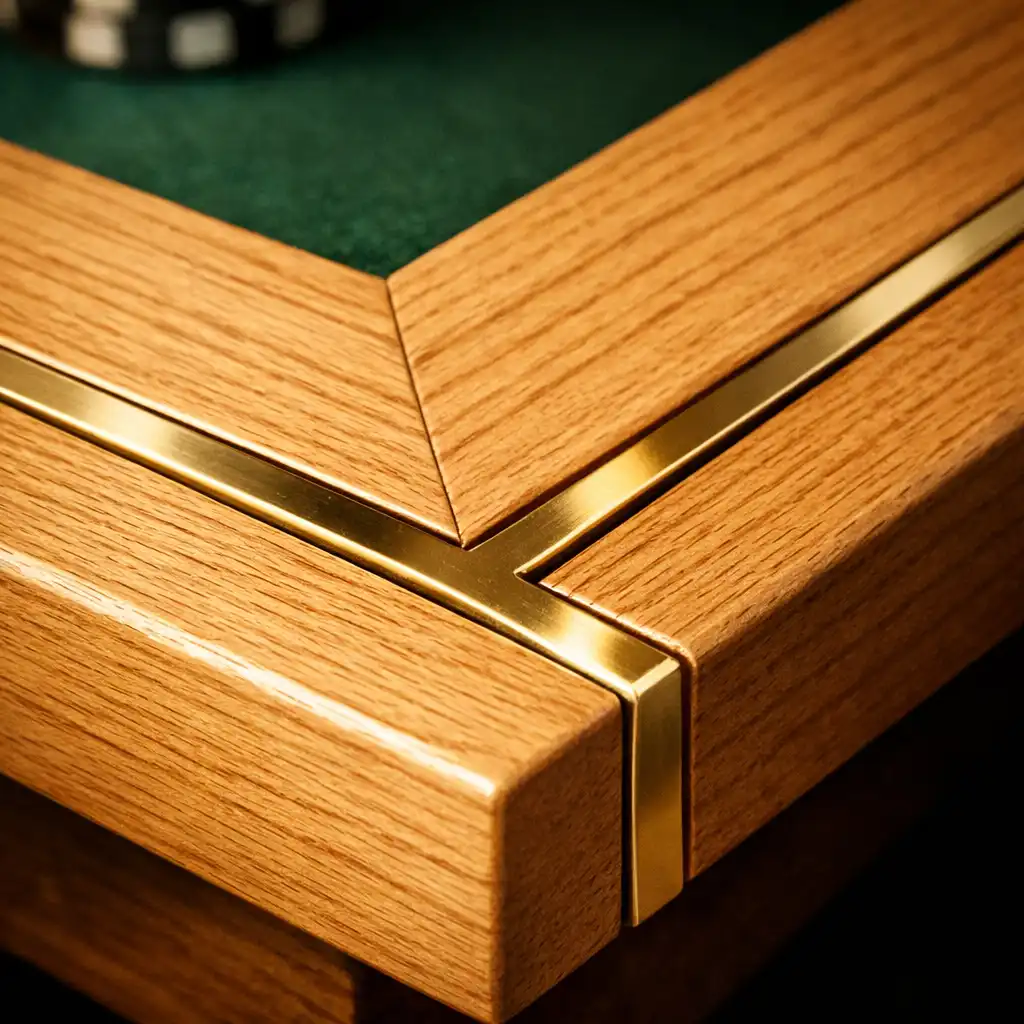 Close-up of a precise timber joint with brass inlay on a poker table
